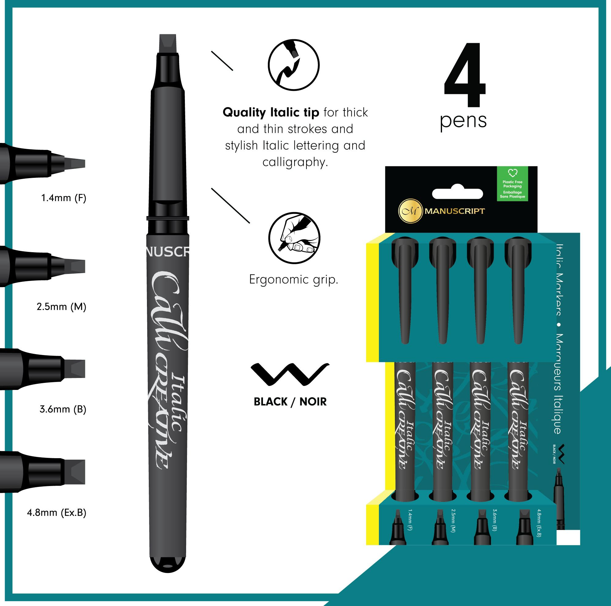 Manuscript Callicreative Italic Markers - pack of 4 - Black - Fine/Medium/Broad/Extra Broad - Image 3