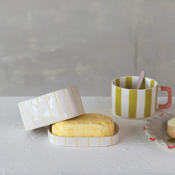 Stoneware Butter Dish w Stripes - Image 2